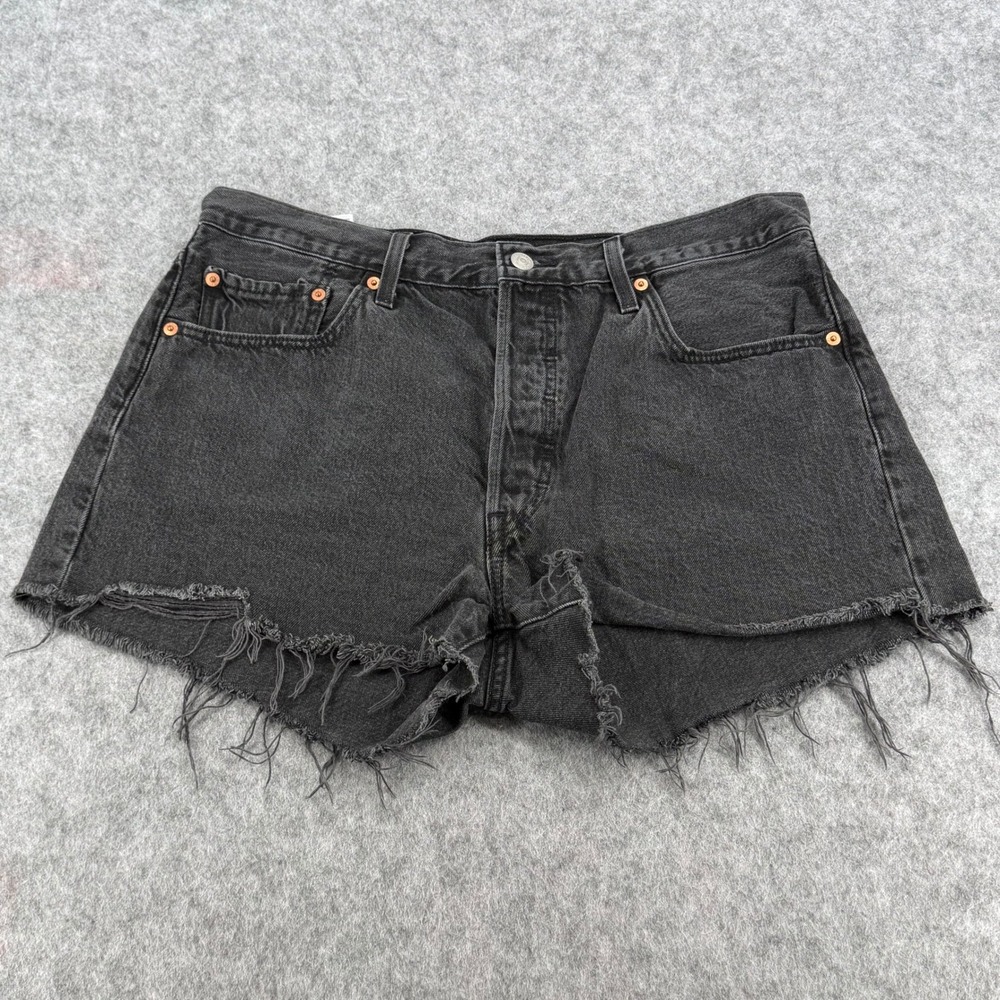 Levis 501 Original Cut Off Denim Shorts Washed Black W33 Button Fly Frayed Hem